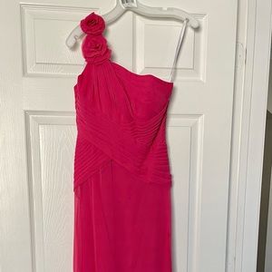 Long, one shoulder, begonia pink, bridesmaid dress